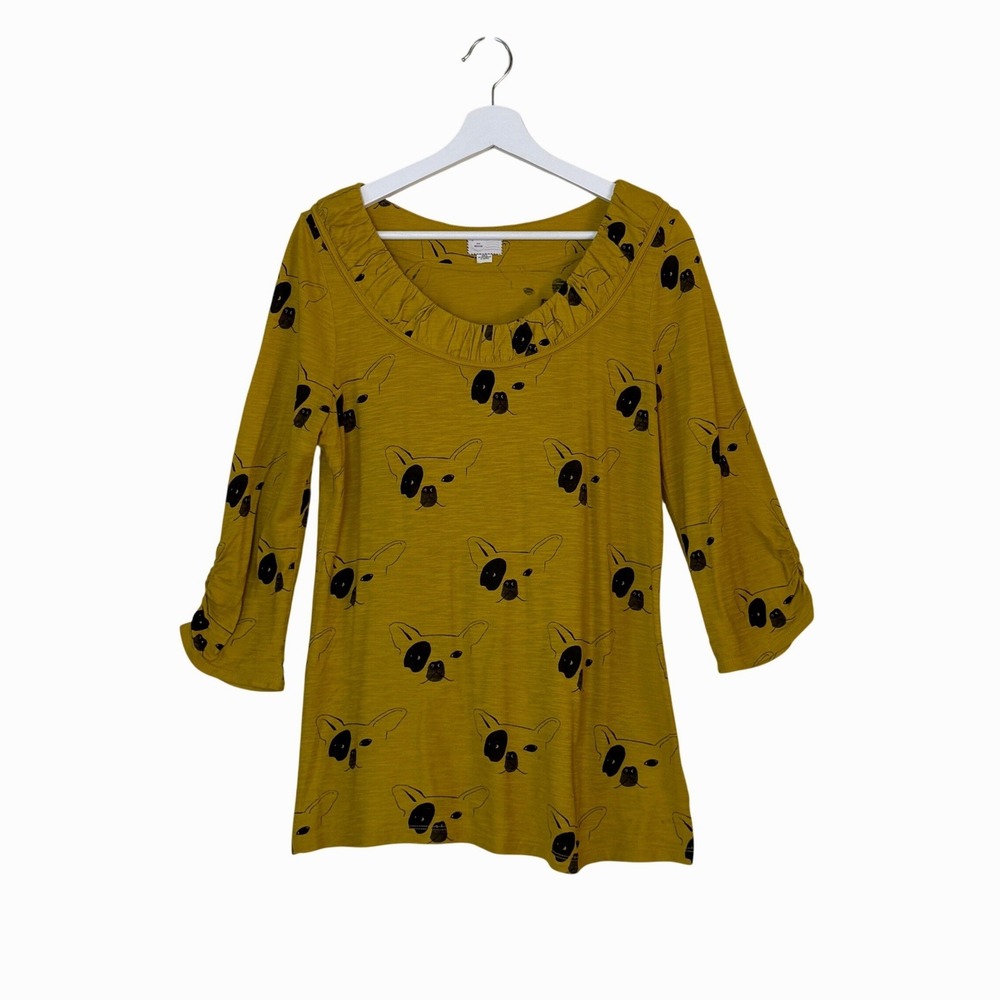 Anthropologie Postmark Womens Mustard‎ French Bulldog Print Top Size M Boho